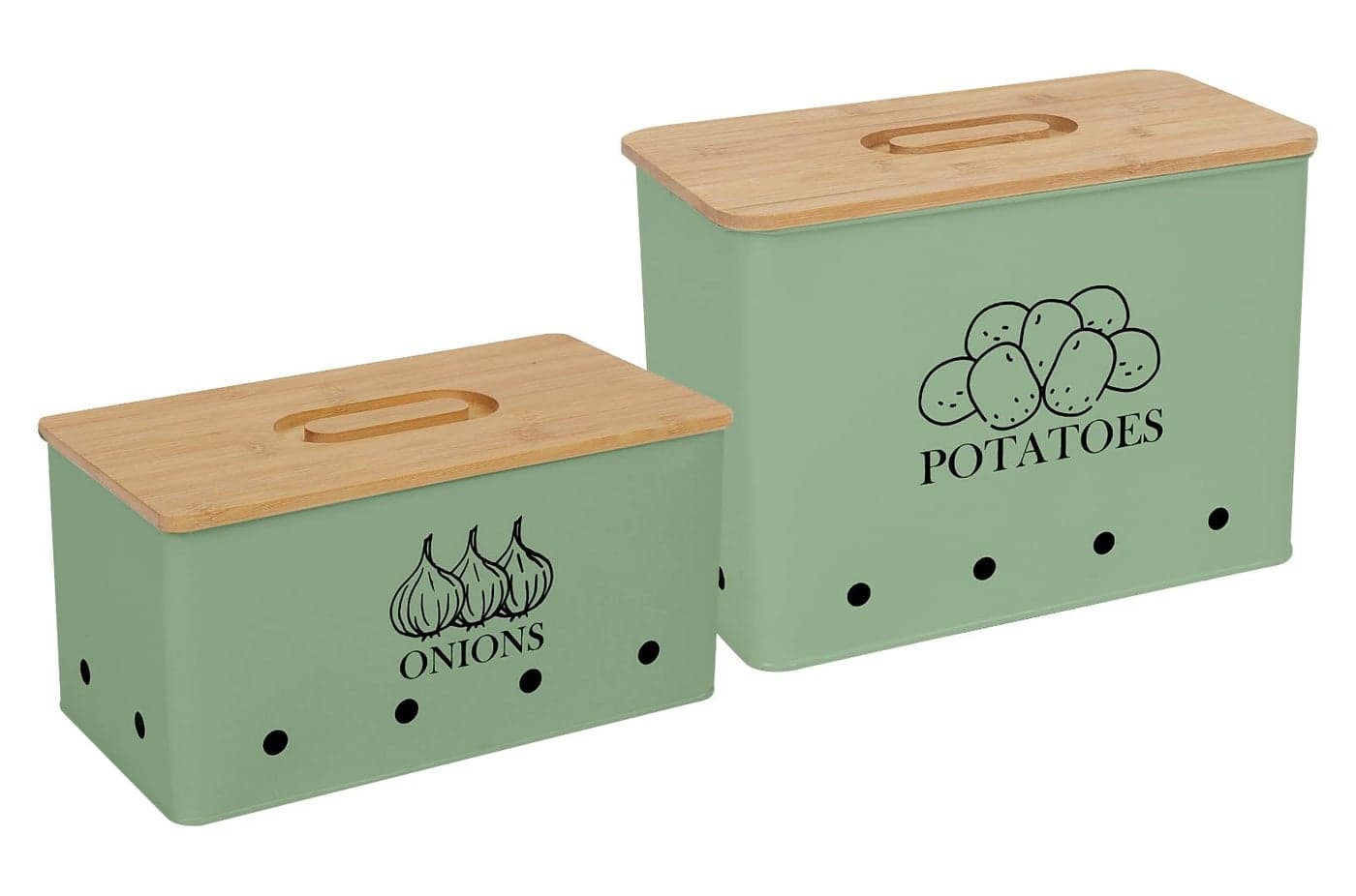 Xbopetda Potato Onion Storage Box Food Container Sets Storage Canisters for Vegeatables Set of 2 Jars Pots Containers Potato Onion Bin with Aerating Tin Storage Holes Wooden LidGreen