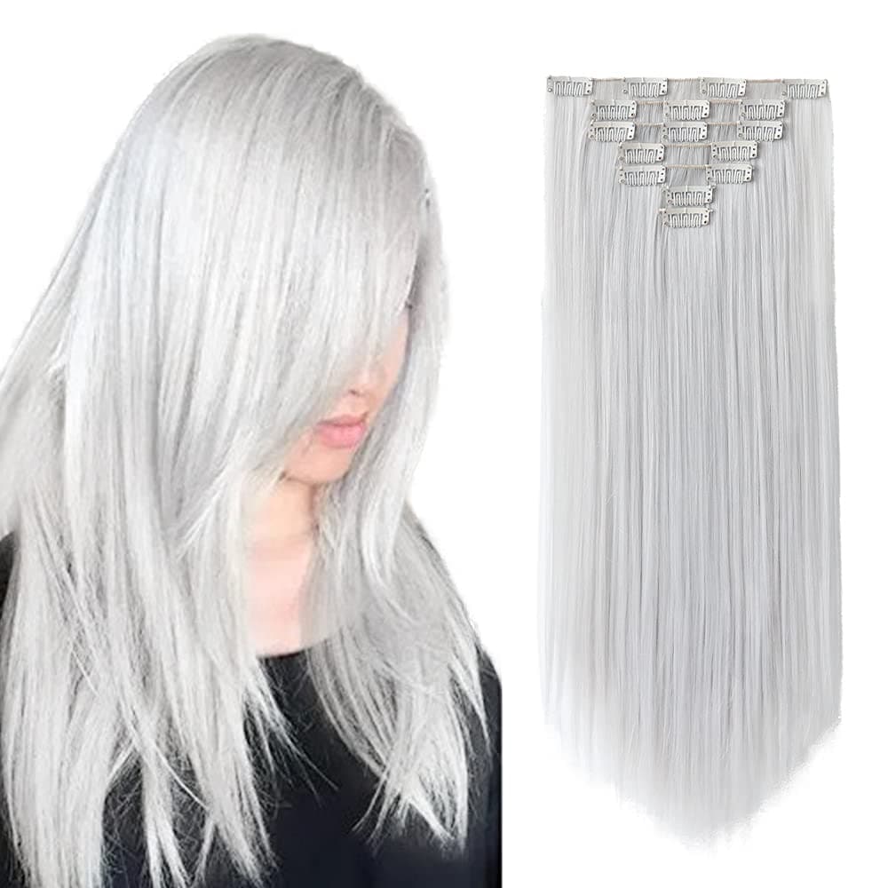 SYXLCYGG Silver White Hair Extensions Clip In Hair Extension Light Grey 22 Straight 5 Oz Hair Piece Womens Synthetic Fluffy Tangled Cheap