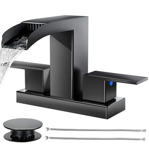Cobbe Waterfall Bathroom Faucets 3 Hole Matte Black Bathroom Sink Faucet Square 4 Inch Centerset with PopUp Drain 2 Handle and 2 Supply Hoses LeadFree Stainless Steel for Vanity Sink Rv