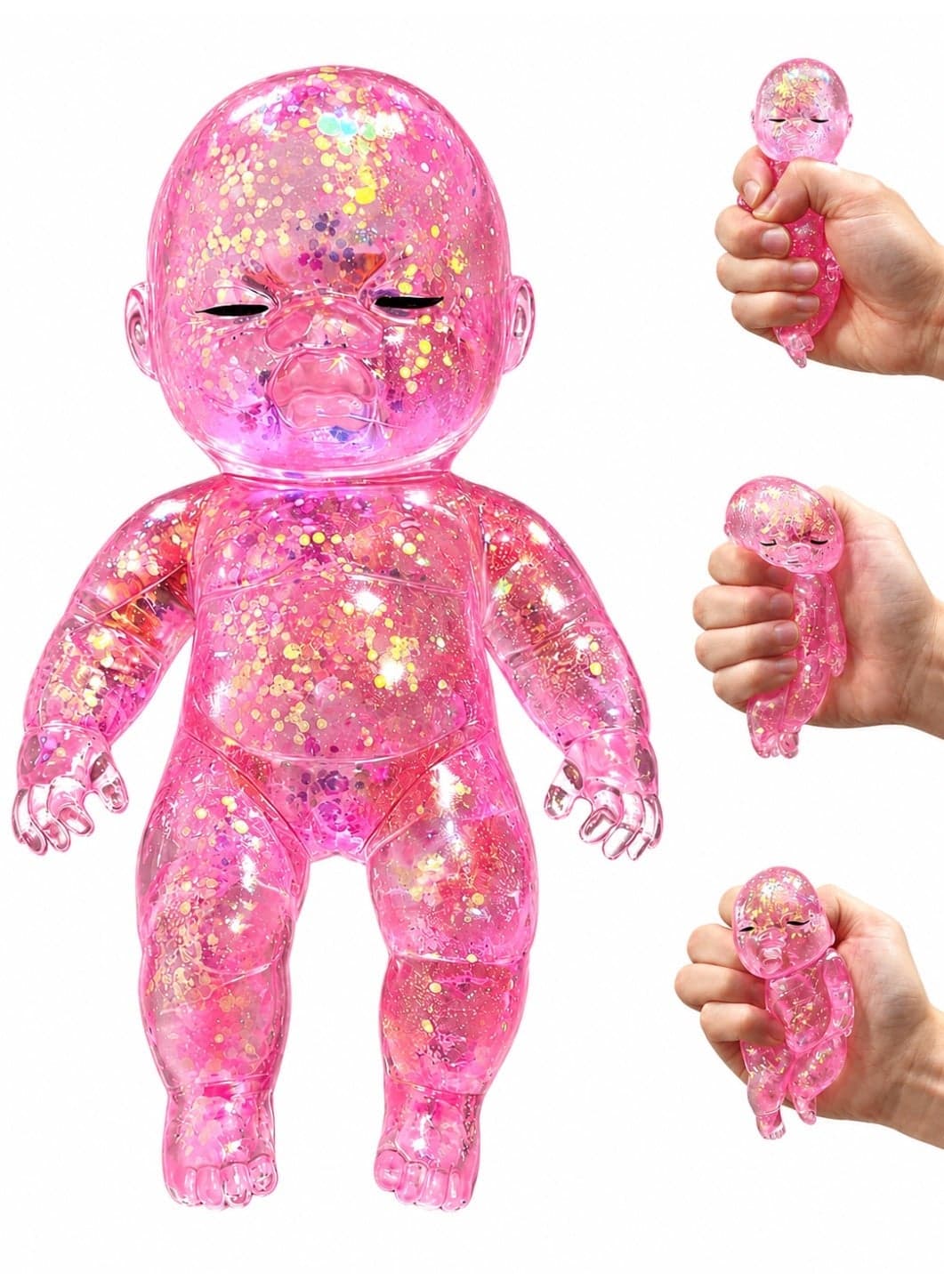 Shiny Baby Doll Soft Rubber Stress-Relieving Toy – Glitter Stress-Relieving Ball – Cute Maltose Doll – Stress-Relieving Toy for Teens and Adults; Party Gift; Soft Toy to Relieve Anxiety (Pink)