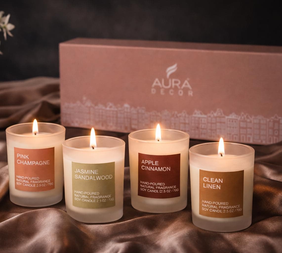 AuraDecor Fragrance Votive Glass Candles Gift Set of 4 | Aromatheraphy | Frosted Glass | Corporate Gifting | Soy Wax | Candle Gift Set | Hand Poured Candle