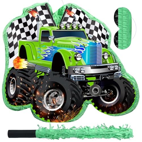 Faccito Piata Truck Race Car of Monster with Blindfold and Stick Green Small Racing Piata for Boys Party Decoration 141 x 126 x 32 Inch for Race Car Theme Birthday Baby Shower Party Supplies