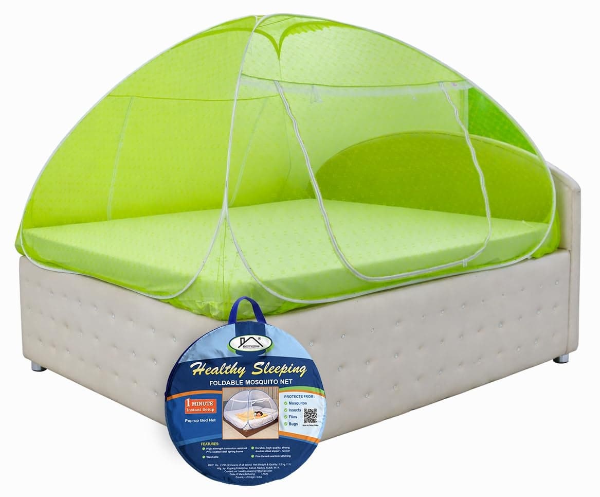 Healthy Sleeping Foldable Pop up Polyester Mosquito Net for Double Bed, Strong & Durable for King, Queen Size Bed (Embroidery Lime Green)