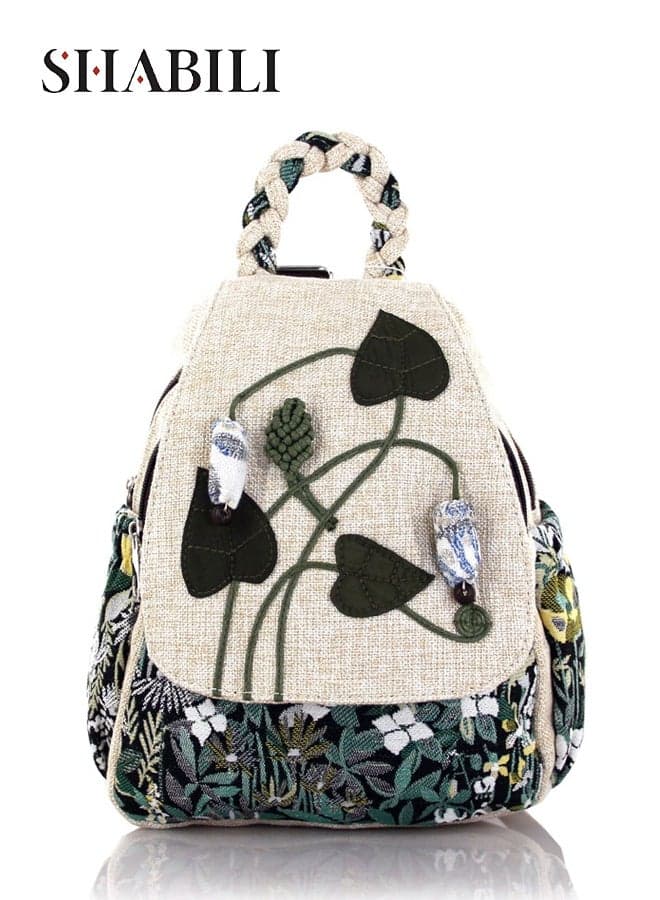Women Cotton Linen Backpack, School Bag, College Bag, Tourist Bag, Large Capacity with Multi-pocket Design, Weaved Handle, Ladies Bag Laptop Bag Casual,Party, Dayly and Travel Use