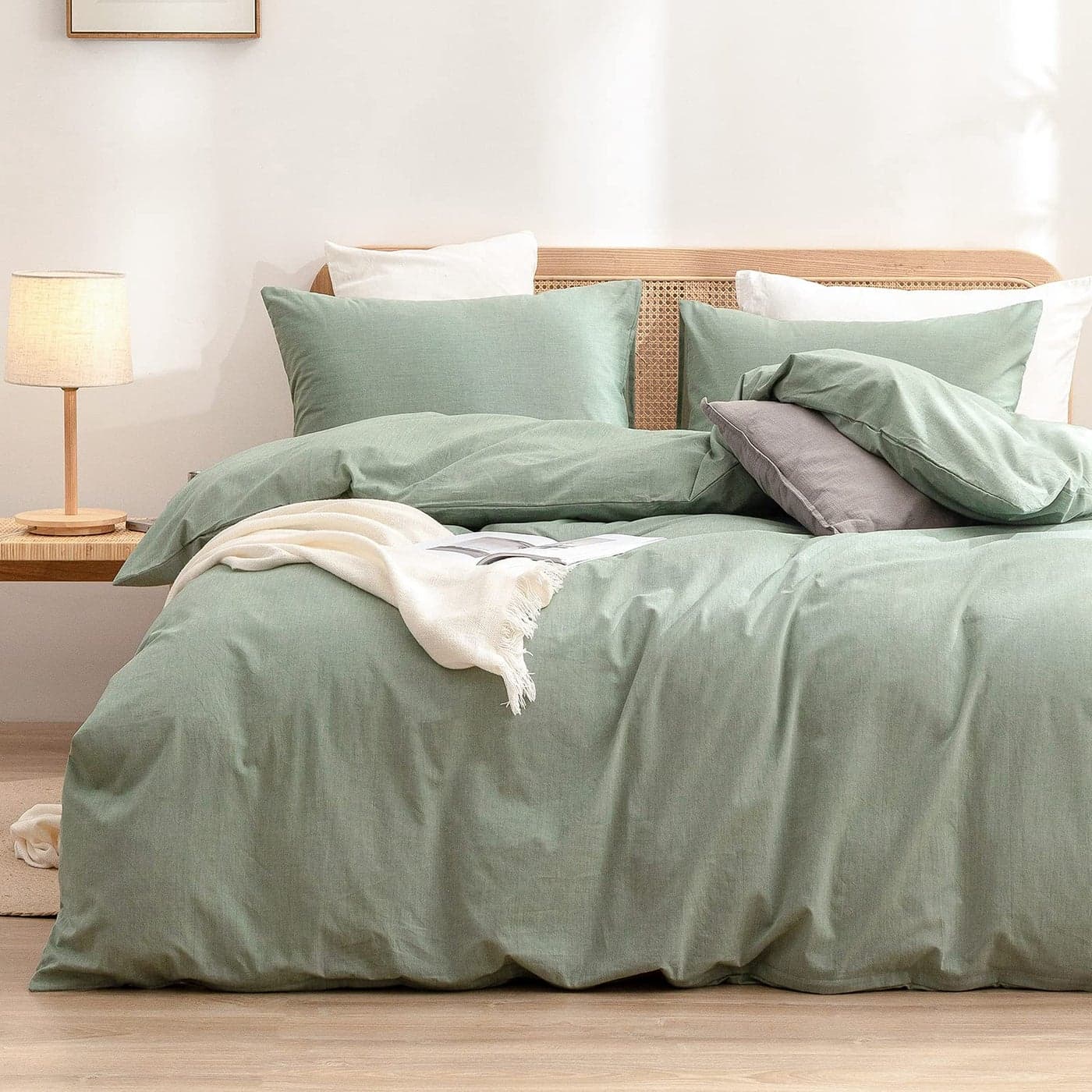 BESTOUCH Duvet Cover Set 100 Washed Cotton Linen Feel Super Soft Comfortable Chic Lightweight 2 PCs Home Bedding Set Solid Green TwinTwin XL