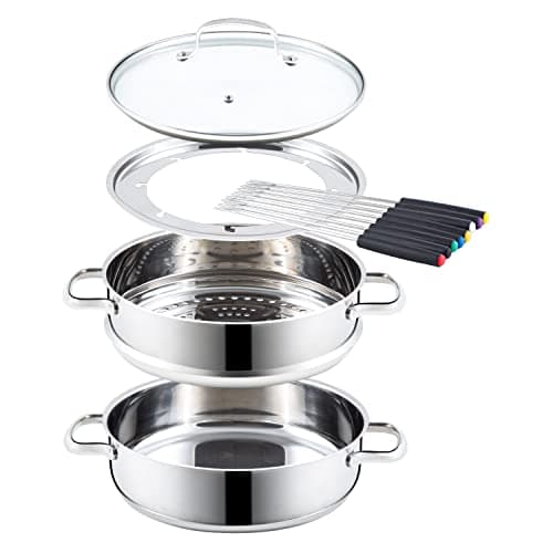 Nuwave Design-18/8 Stainless Steel Cookware,Free of PTFE PFOA PFOS,Fondue Pot Set,Works On All Cooktops and Induction Cooker,Include Pot,Steamer Basket,Glass Lid and 8 Fondue Forks,10 -Yeär Wärranty, 3.5Qt Pot, Silver