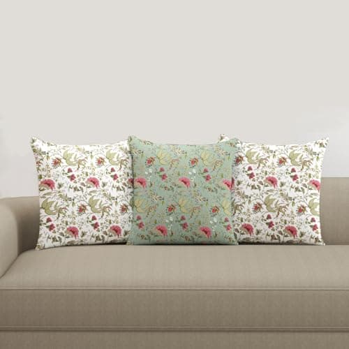Trance Home Linen 100% Cotton Printed 24x24 inch Cushion Covers for Sofa and Diwan | Throw Pillow/Small Cushion Pillow Covers (24x24 inch | 60cmx60cm, Calicut White Green)Set of 3, 200 TC