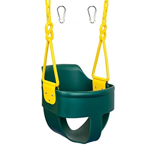 Premium High Back Full Bucket Toddler Swing Seat with Finger Grip Plastic Coated Chains and Carabiners for Easy Install Green Squirrel Products