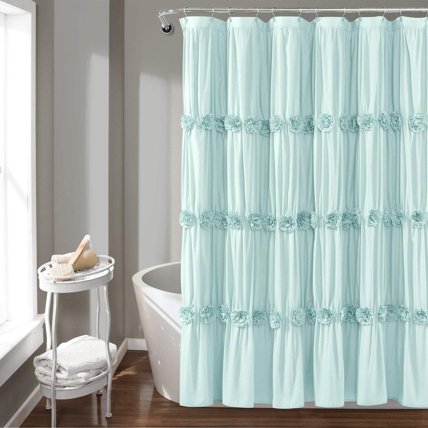 Lush Decor Blue Darla Shower CurtainRuched Floral Vintage Chic Farmhouse Style Design 72 x 72