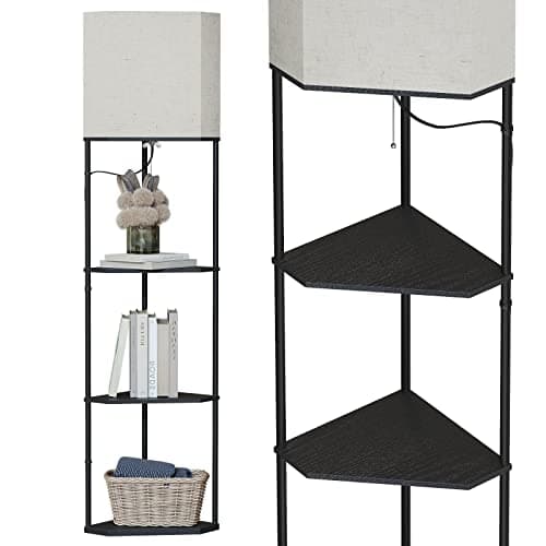 SUNMORY Sector Corner Shelf Lamp 3 Color Temperatures LED Bulb,Corner Lamps with Linen Lampshade, Floor Lamps for Living Room, Bedroom, Study, Black Standing Lamp with Shelves