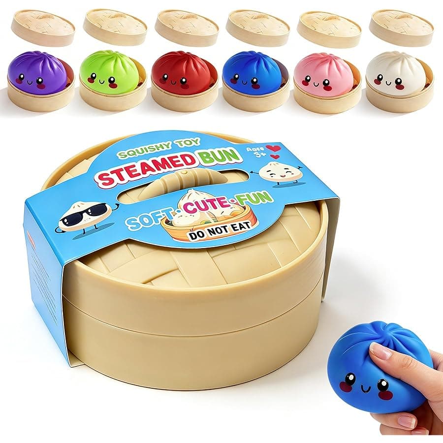 Dumpling Squishies, 3.4inch Colorful Dumpling Stress Balls, Fidget Sensory Toy, Squeeze Dough Ball Stress Relief Hand Toys with Food Steamer, Dumpling Squishy Mystery Box, 6 Colors Random(1pack)