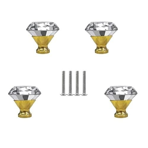 J P Hardware Clear Glass Crystal Cabinet Knobs/Wardrobe Door Knobs/Cupboard Drawer Pull Handle/Glass Dresser Knobs (Pack of 4_40mm) (Gold Diamond knobs)