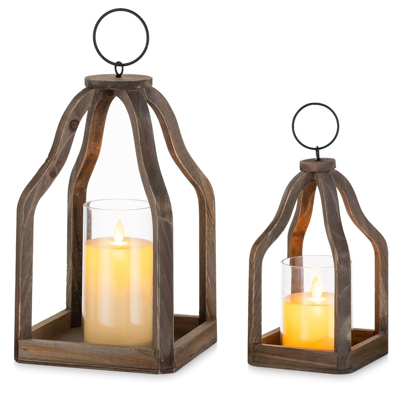 Romadedi Farmhouse Decorative Lantern Wooden Set of 2 Rustic Wood Lanterns Candle Holder for Wedding Table Centerpieces Indoor Outdoor Fireplace Mantle Home Decor Brown