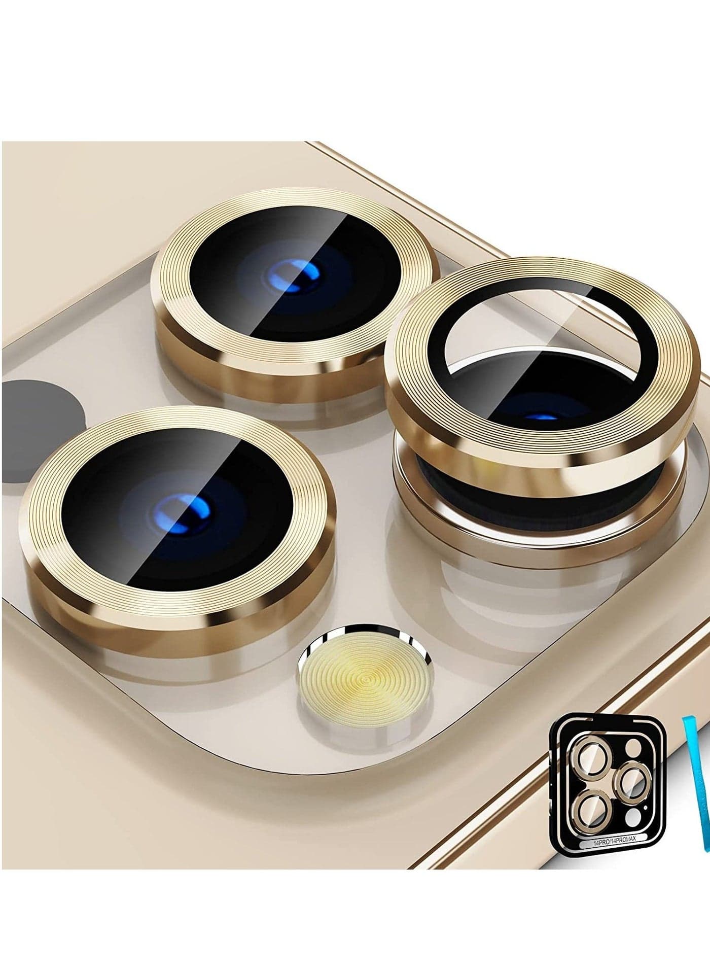 Camera Lens Protector for iPhone 14 Pro/iPhone 14 Pro Max, Alloy Metal Individual Ring, Anti Scratch HD Tempered Glass Lens Screen Protector Cover Film, Case Friendly, Gold