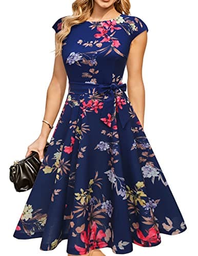 DRESSTELLS Cocktail Dresses for Women Wedding Guest, Vintage Tea Party Floral Dress 2024, Formal Aline Petite Mother Bride Evening Dress Navy Flower S