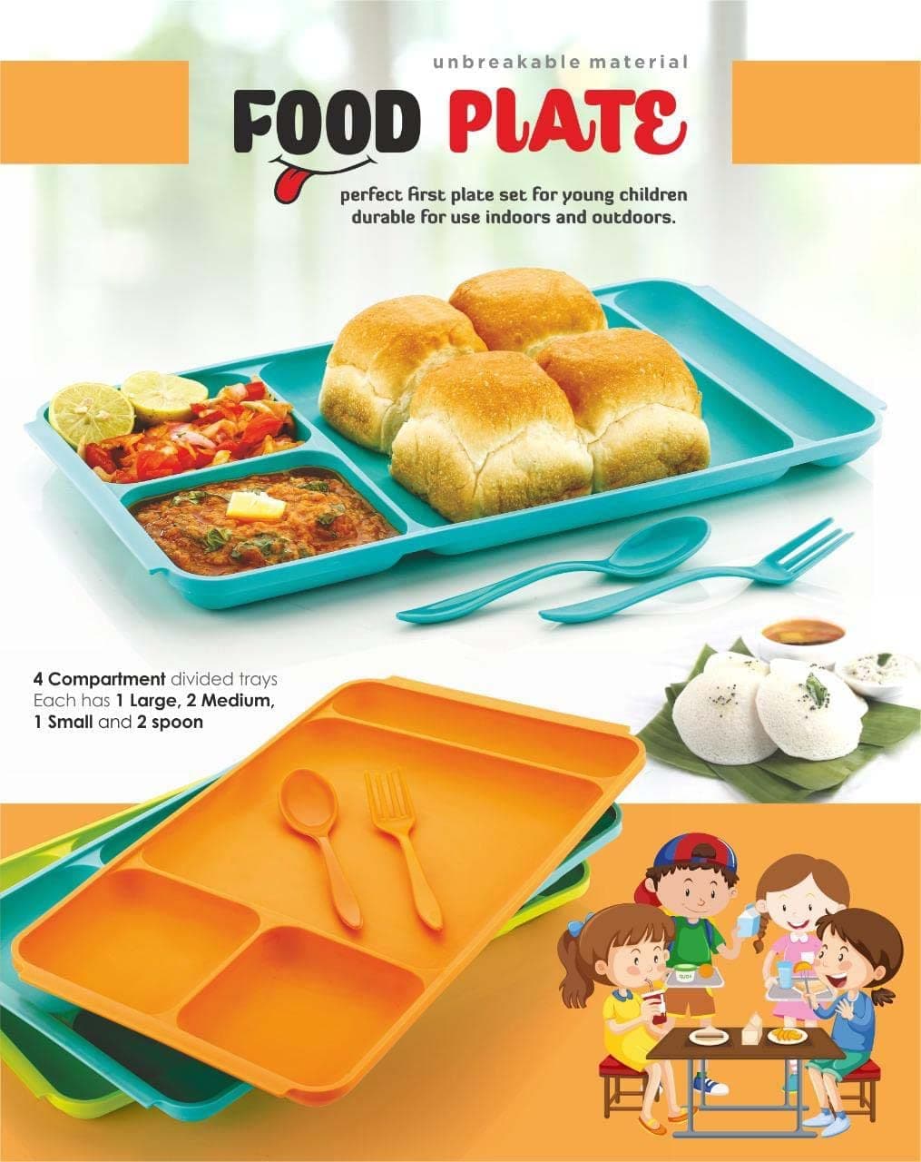 Kitchwish Unbreakable 4Compartments Dish with 1 Spoon and 1 Fork Dinner Plate Plastic Sectioned Plate Pack of 3