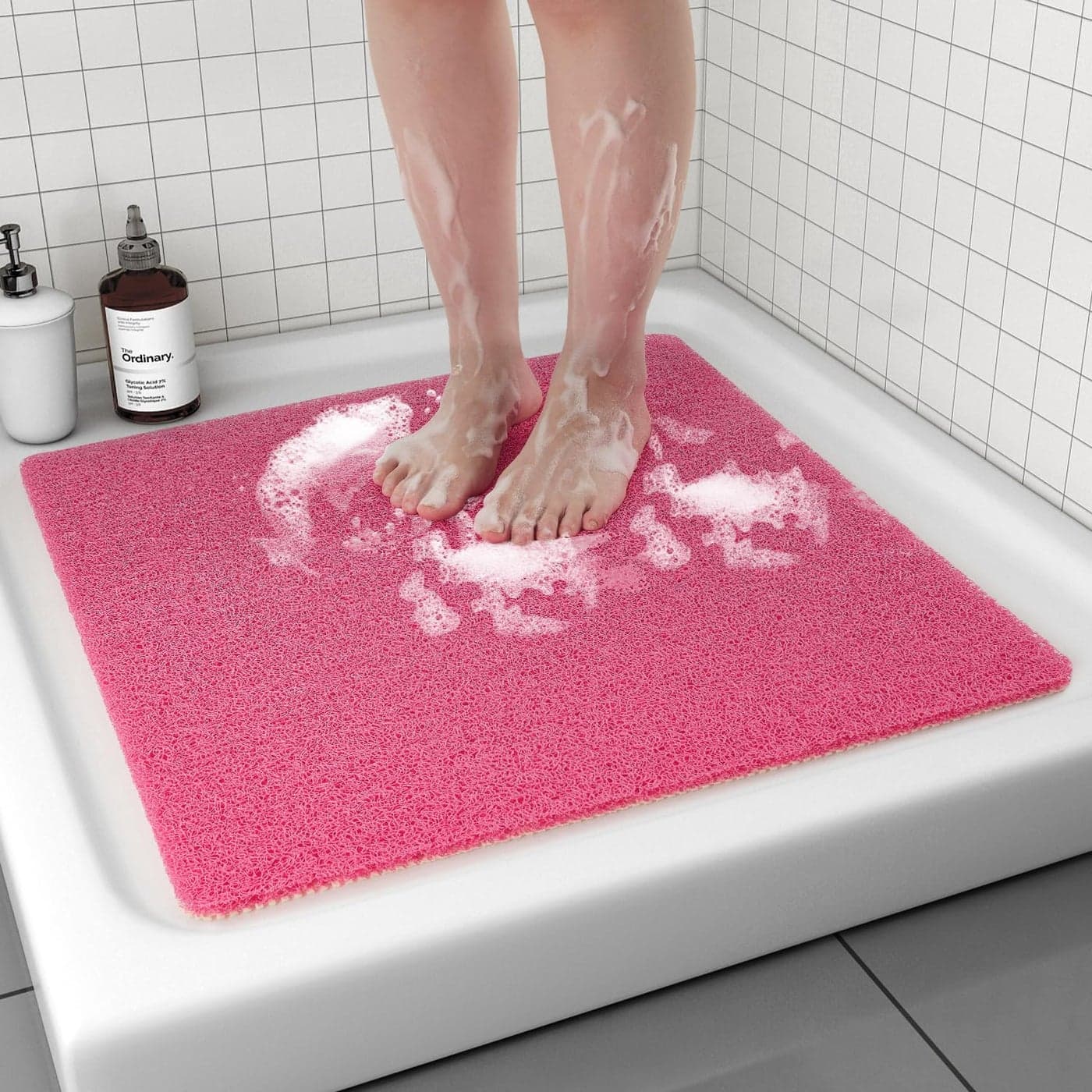 Non Slip Shower Mat Comfortable Bath mat for Textured SurfaceQuick Drying Easy Cleaning Shower Floor Mat for Wet AreaWithout Suction Cups Pink 24 x 24