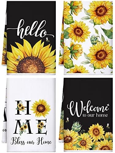 Bencailor 4 Pcs Sunflower Kitchen Towels Welcome to My Home Hand Dish Towels Flower Floral Fast Drying Absorbent Dishcloths Set Christmas End of The Year Housewarming Gift for Cooking Kitchen Bathroom