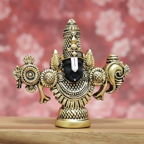ARNAVIRA Lord Balaji Face Idol | 4.2 x 3.5 Inch Gold Plated Venkateswara Face Murti for Pooja Room | Car Dashboard | Gifting | Home Temple Decor
