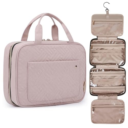 BAGSMART Toiletry Bag Travel Bag with Hanging Hook Waterresistant Makeup Cosmetic Bag Travel Organizer for Accessories Shampoo Fullsize Container Toiletries Baby Pink Medium