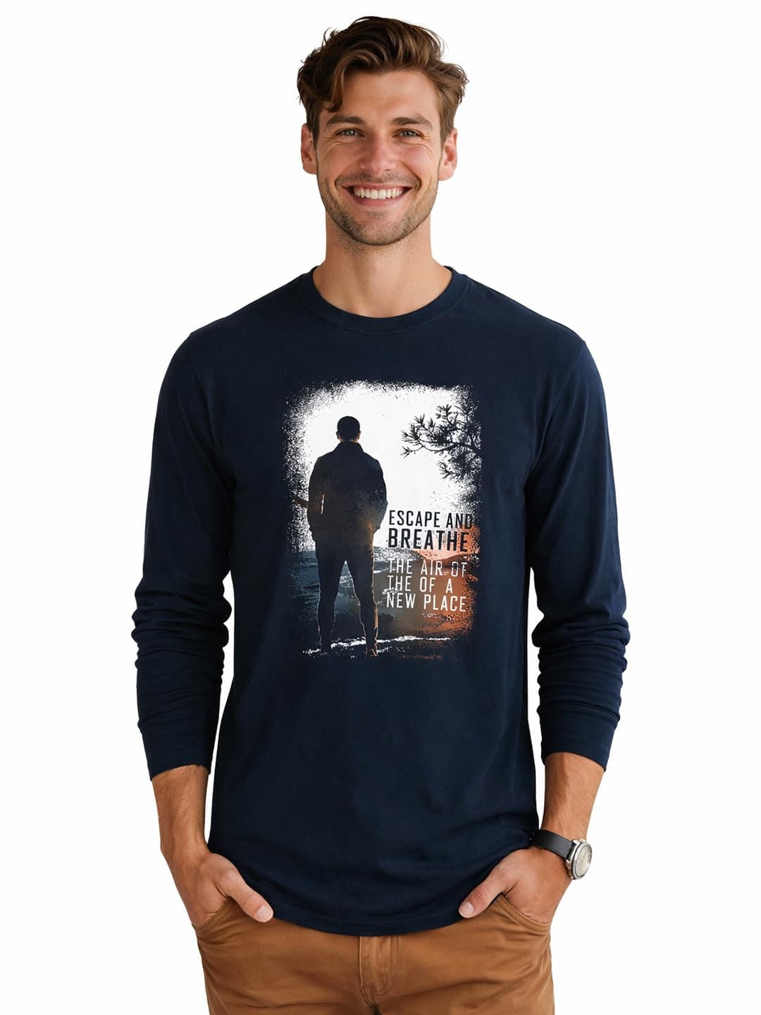 Bewakoof Men's Make Tracks Graphic Print Blue Round Neck Long Sleeve T-Shirt