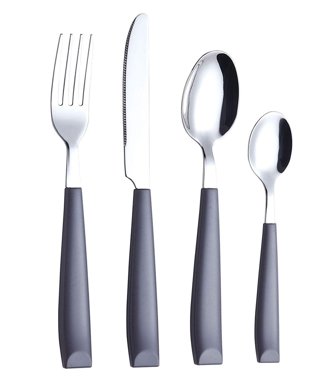 EXZACT 16-Piece Flatware Set for 4 – Colored Stainless Steel Cutlery with Wide Plastic Handles – Comfortable Tableware: Forks, Knives, Spoons, Teaspoons
