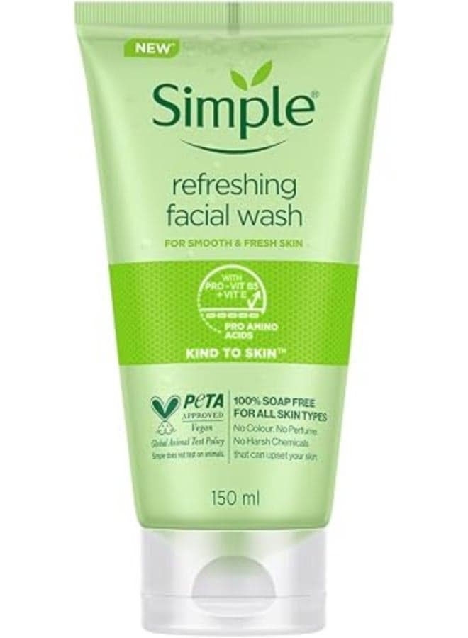 Simple Refreshing Facial Wash, Make-Up Remover With Pro-Vitamin B5, Vegan, No Perfume And Alcohol, Vitamin E Anti-Oxidant, Soap-Free, Hypoallergenic, Sensitive Skin, 150Ml