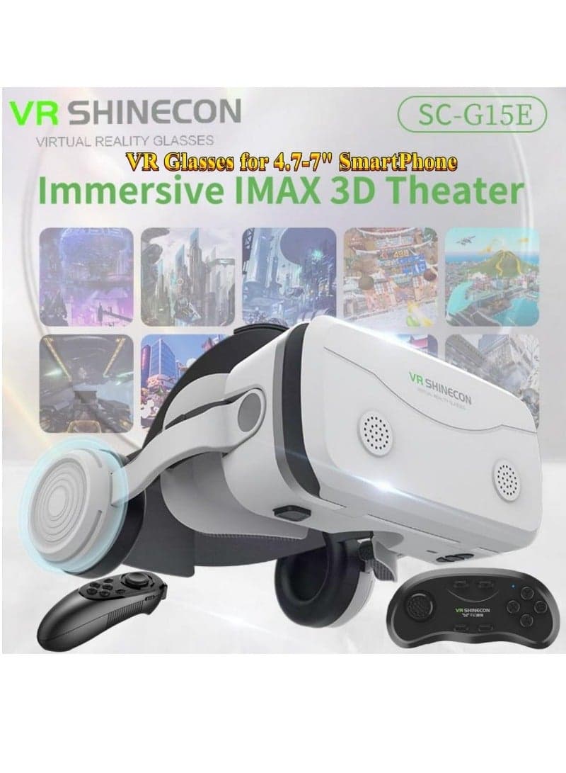 G15E VR Glasses IMAX 3D Movies Virtual Reality VR Glasses Google Cardboard Box VR Helmet for 4.7-7 Phone, Support Game Joystick (White)