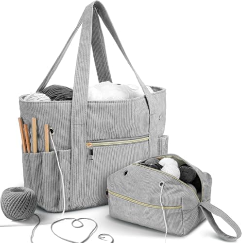 Bulyoou 2 Pcs Crochet Bag and Tote Set Corduroy Yarn Bag Crochet Tote Bag for Crochet Hooks Organizer Yarn Holder for Crochet Lovers Knitting Bag Crochet AccessoriesGrey