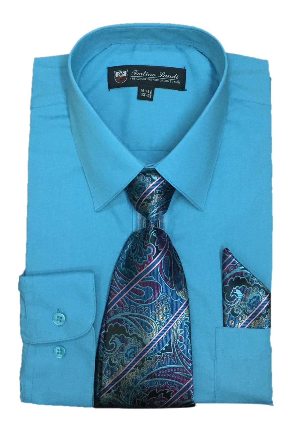 Fortino Landi Men's Long Sleeve Dress Shirt With Matching Tie And Handkerchief, Turquoise, 16"-16.5" Neck 34"-35" Sleeve