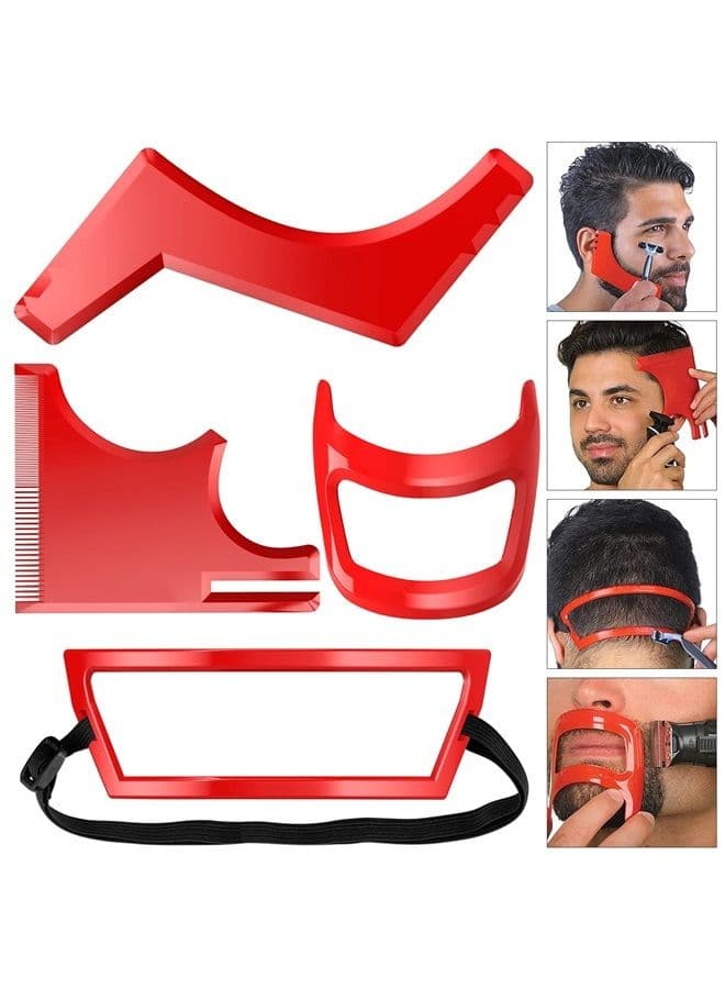 4 Pcs Beard Shaping Tool, Beard Shaping Haircut Tool Kit for Men Hairline Neckline & Beard Grooming Styling Beard Trimming Tools (Red)