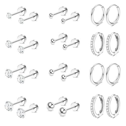Jstyle Hypoallergenic Silver Plated Flat Back Earrings for Women Men Surgical Stainless Steel Earrings for Sensitive Ears Small Stud Hoop Cartilage Earring Stack Set for Multiple Piercing Jewelry B