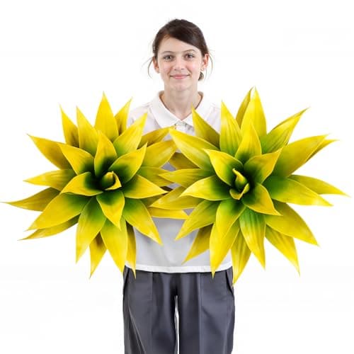 Velener Artificial Agave Plant Set, 28 Inch, Faux Aesthetic Plants for Home Decor, Realistic UV Resistant Fake Yellow Agave Plants Without Pot, Set of 2