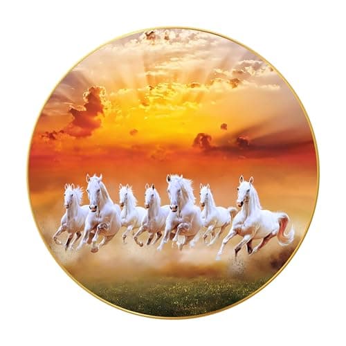 Nozvera Seven Horses Vastu Painting, Big Large Size 7 horse Vastu Frame | Golden Framed | Sparkle Laminated | 7 Horse Wall Painting for Living Room, Bedroom, Office (Design 03, 40 cm * 40 cm)