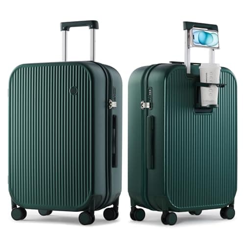 mixi Checked Luggage with Cup Phone Holder Hard Shell Rolling Travel Suitcases with Spinner Wheels,24 Inch Blackish Green