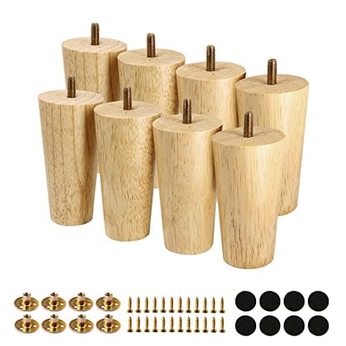 FoDau770 Rubber Wood Furniture Legs 4 Inches, Straight Tapered Wood Feet Mid Century Sofa Legs Set of 8, 5/16" UNC Furniture Feet Replacement Parts for Cabinet Couch Dresser Chair Ottoman Table