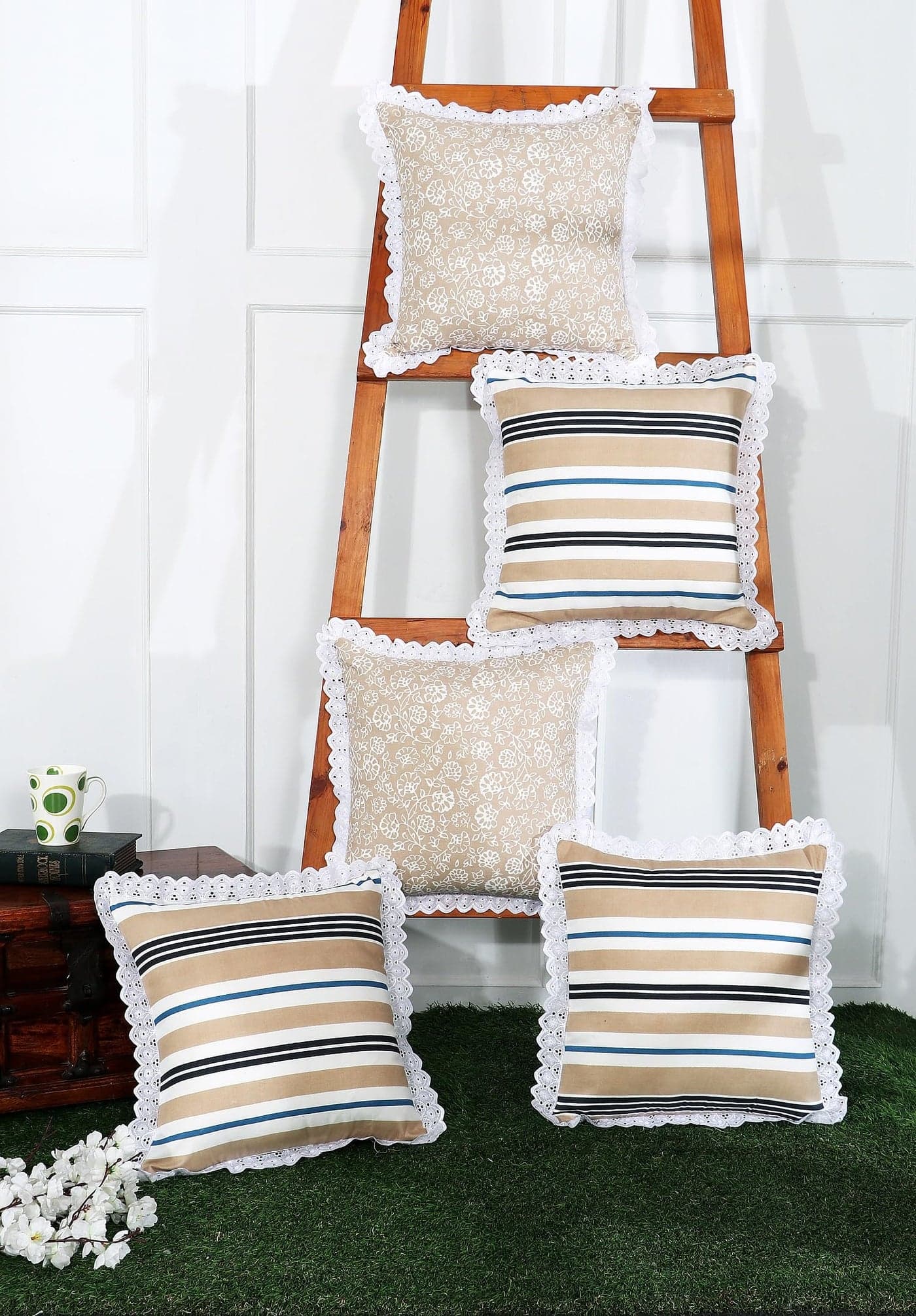 RD TREND® Cushion Covers 16x16 Inches Set of 5 | White Lace Border Decorative Cushion Cases | 310 TC Cotton Floral Printed Throw Pillow Covers for Sofa, Bed & Living Room-Beige Stripe