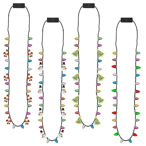 EOBOH Christmas Necklace 4Pcs Light Up Christmas Necklace Glowing Bulb Xmas Tree Santa Candy Cane Necklaces 3 Modes Colorful Xmas Party Favors Ugly Xmas New Year Eve Party Supplies Accessories