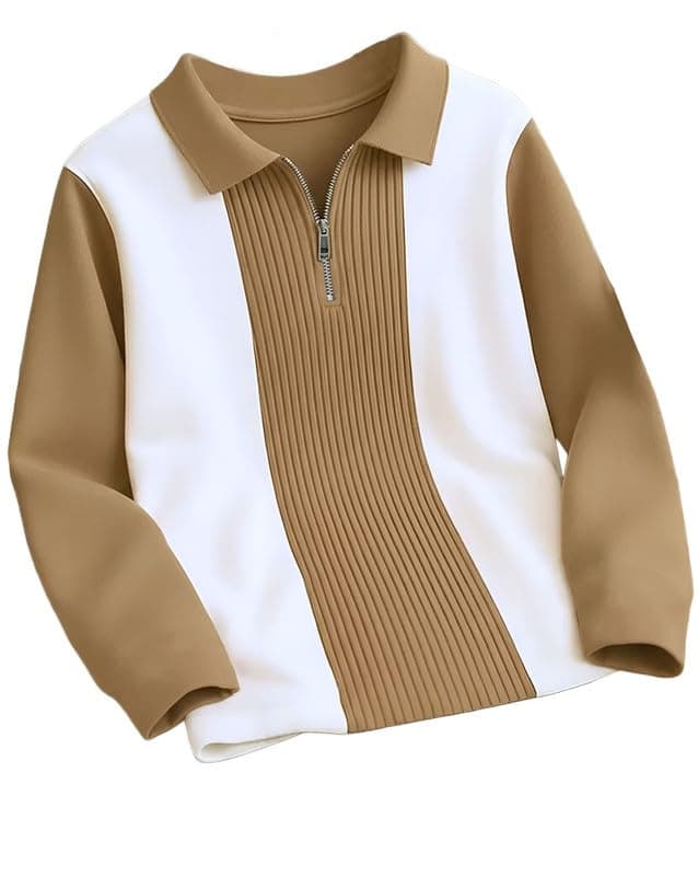 AUSK T-Shirt for Men Zip Neck Texture Self Design Cotton Blend Mens Tshirts Beige
