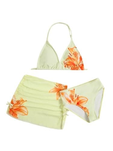 RoseSeek Girl's 3 Piece Cute Bowknot Bathing Suit Halter Triangle High Waisted Swimsuit with Beach Cover Up Skirt Yellow 11 Years