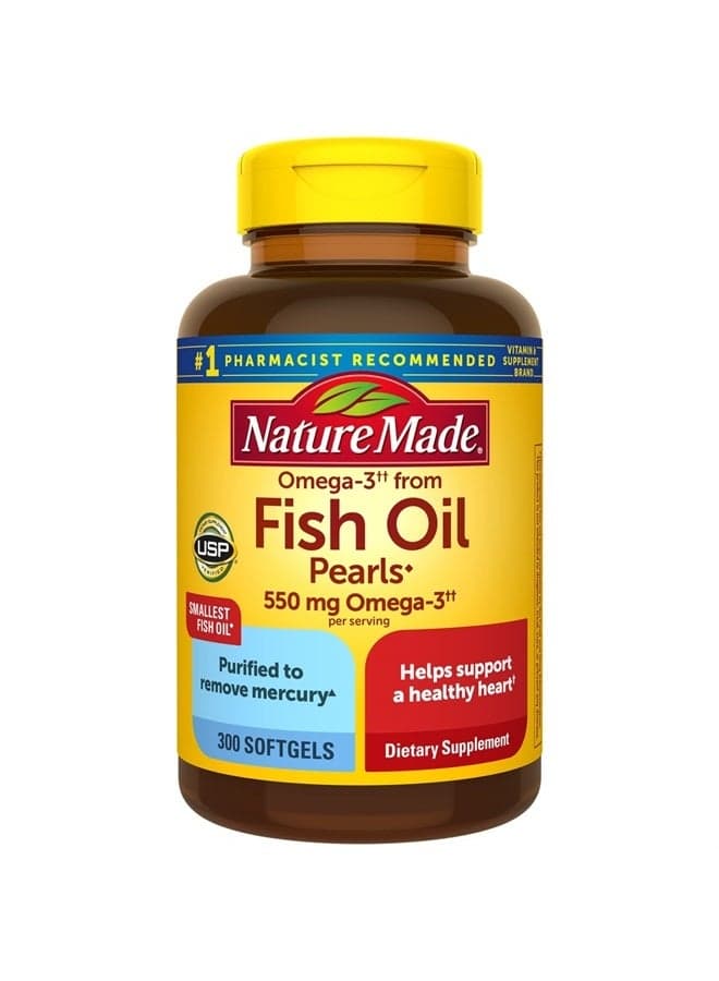 Omega 3 Fish Oil Pearls 550 mg per serving, Small Size Fish Oil Supplements as Ethyl Esters, Omega 3 Supplement for Healthy Heart Support, 300 Softgels, 100 Day Supply