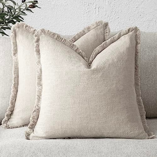 Foindtower Set of 2 Decorative Linen Fringe Throw Pillow Covers Cozy Boho Farmhouse Cushion Cover with Tassels Soft Accent Pillowcase for Couch Sofa Bed Living Room Home Decor, 24×24 Inch, Beige