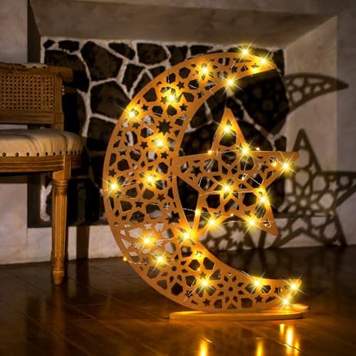 DoubleFill Eid Mubarak Ramadan Crescent Moon Star Light 27.56 x 20.67 Inches LED Wooden Ramadan Mubarak Decoration Eid Gift for Home Bedroom Floor Yard Lawn Islamic Outdoor Decor(Classic)