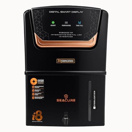Seacure Aqua i8 Digital Display RO Water Purifier for Home | RO+UF+UV+TDS+4-IN-1 Copper | 12L Storage | No Service Needed for 2 Years | ISI Certified | Multi Water Source Support