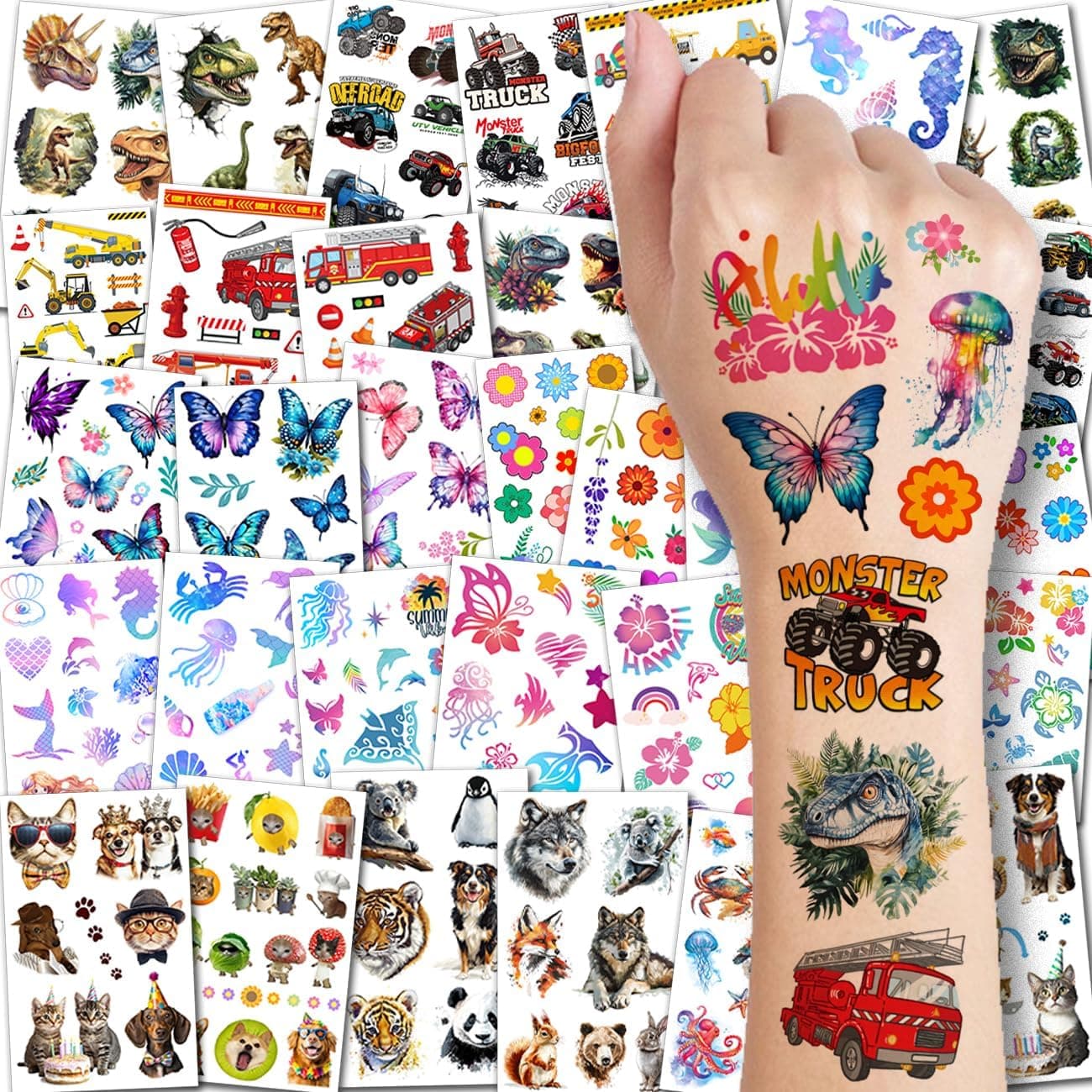 Temporary Tattoos for Kids 320 Mixed Styles 36 Sheets Tattoo Stickers Set for Boys and Girls Car Dinosaur Hawaii Mermaid Watercolor Animals Tattoos for Kids Birthday Party Supplies