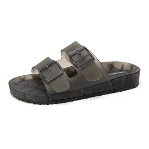 FUNKYMONKEY Women's Slides Sandals Dream Jelly Color Adjustable Double Buckle Adjustable Plastic Flat Sandals (8 M US, Black/MKLS)