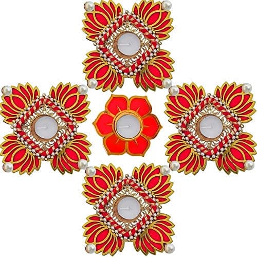 Diwali Decorative 4 Red Lotus Joint MDF Rangoli with Flower Diya Tea Light Candles - for Home Temple Floor Rangoli Decoration Pooja Festival New Year Deepawali Ganesha chaturthi durgapuja