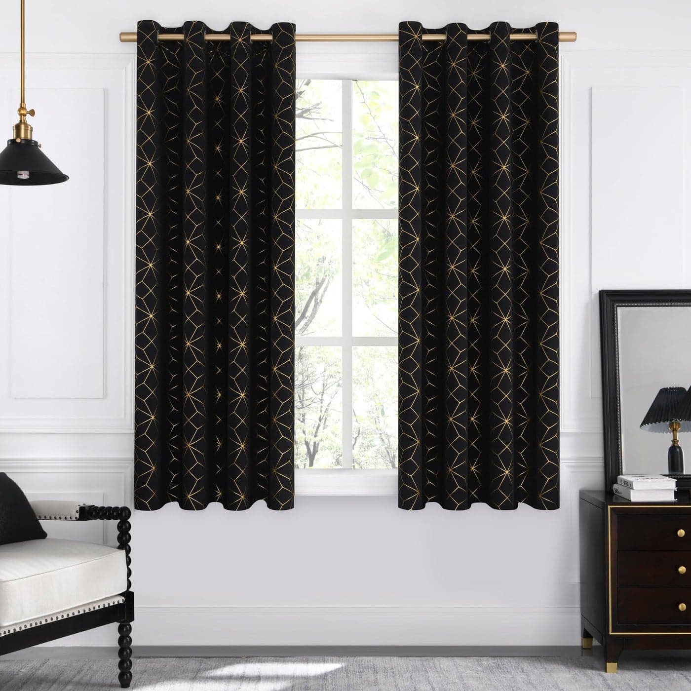 Beauoop 100 Blackout Curtains 63 Inches Long for Bedroom Living Room Moroccan Gold Patterned Drapes Thermal Insulated Grommet Top Window Treatment Panels Set of 2 BlackGold