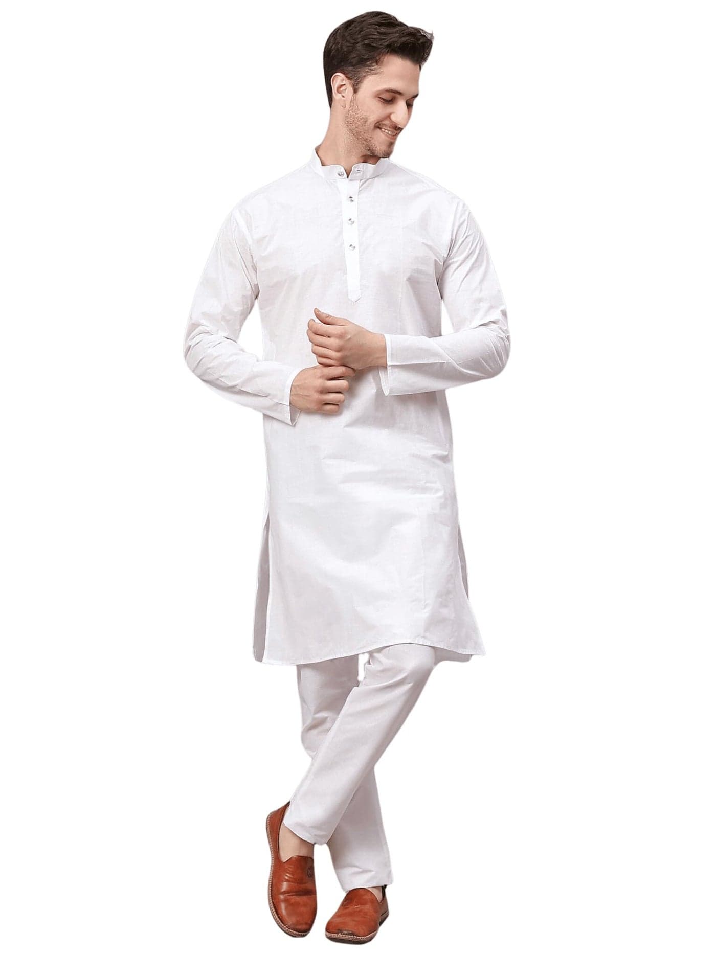 Velsora Men's Cotton Blend Solid Kurta Pyjama Set with Full Sleeves, Regular Fit, Pajama Included in Package (White, M)