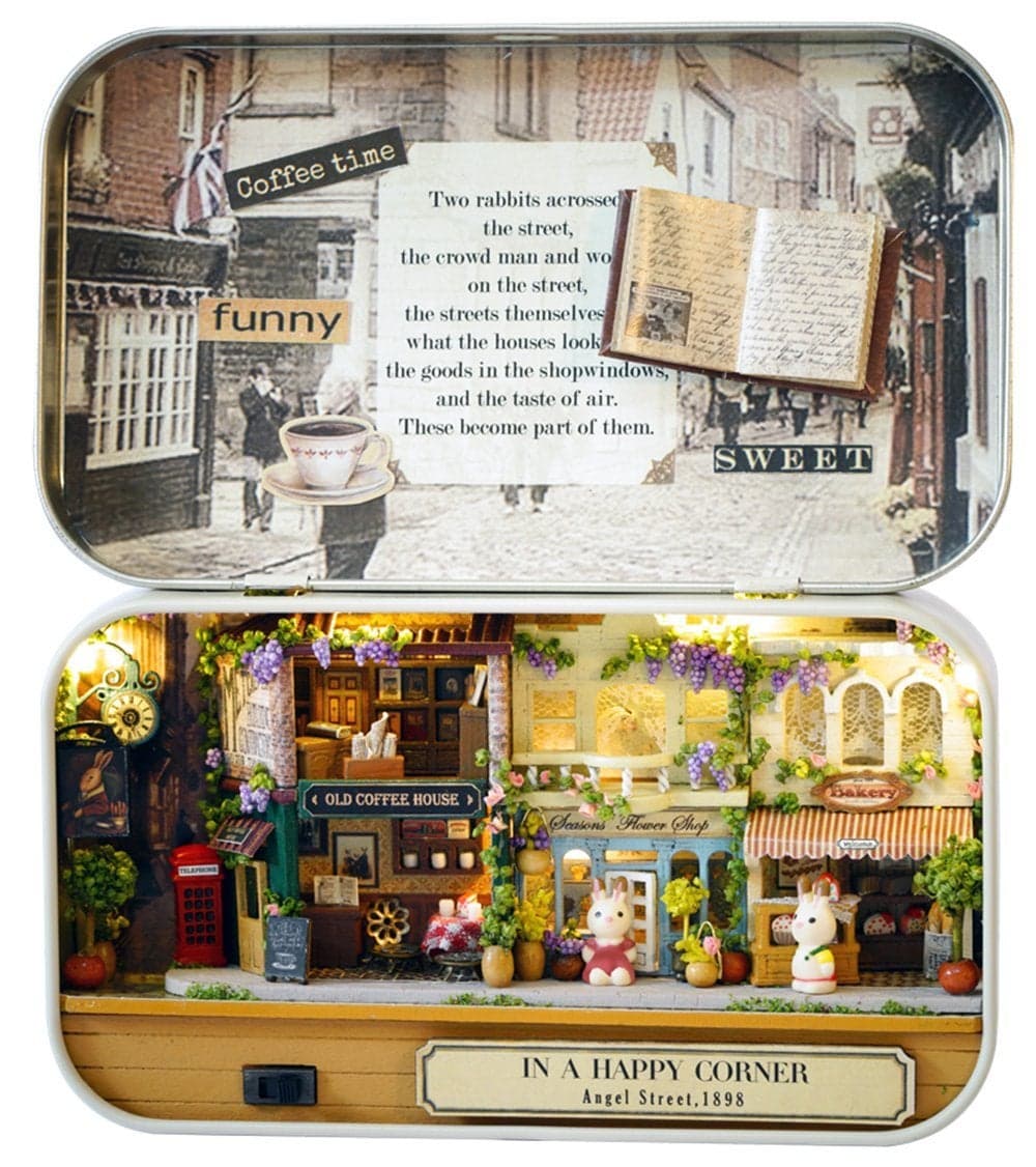 Flever Dollhouse Miniature DIY House Kit Creative Room with Furniture and Cover for Romantic Valentine's Gift(Happy Corner)